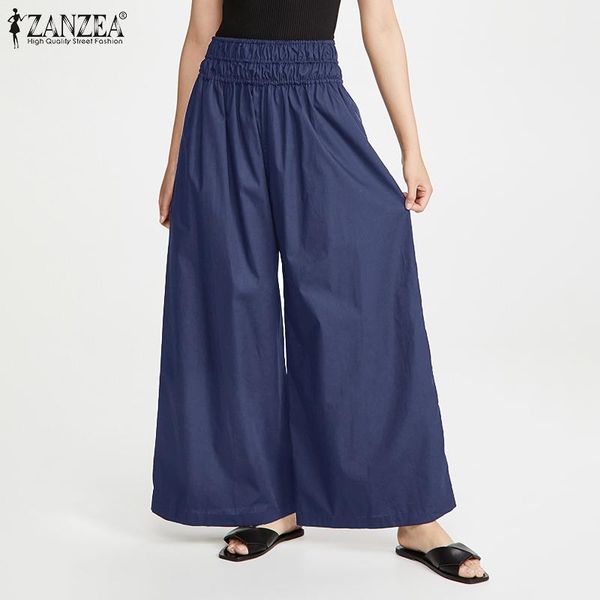 

casual cotton maxi bottom womens autumn wide leg pants zanzea high elastic waist trousers female solid pocket pant plus size 5xl, Black;white