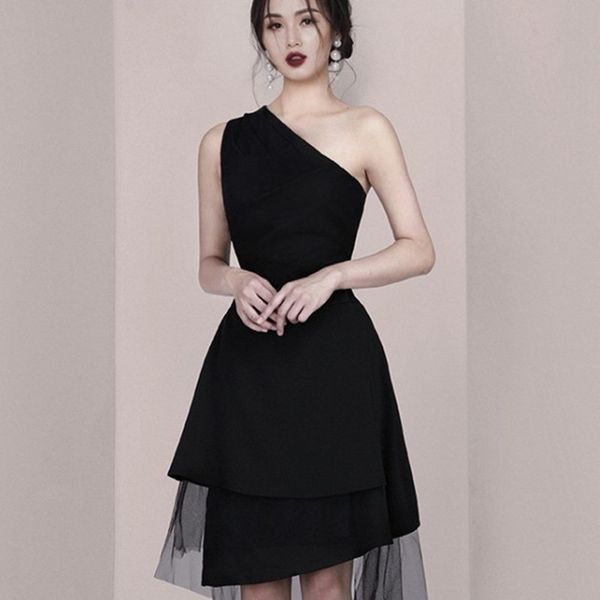 

zawfl fashion women dress net inclined shoulder irregular casual mini gauze oblique shoulder vestido 210525, Black;gray