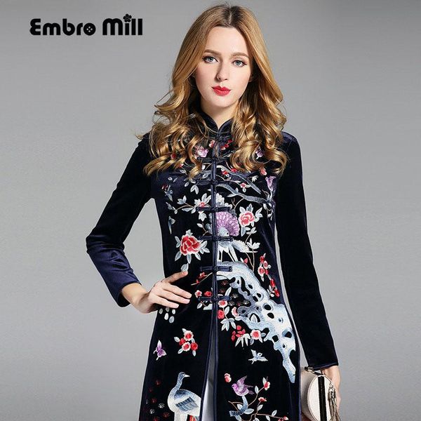 

women's trench coats casual-womens-clothing autumn vintage women long coat embroidery elegant slim lady blue floral velvet overcoat s-x, Tan;black
