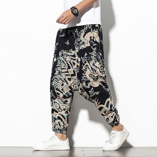 

new men traditional 2021 summer dragon printed casual cotton harem pants korean style loose hip hop streetwear male trouser dvsa p0i4, Black