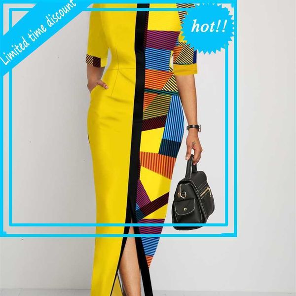 

geometric printing mid-dresses elegant short mouw high tail dress women's summer party grace jurk plus size s-3xl, Black