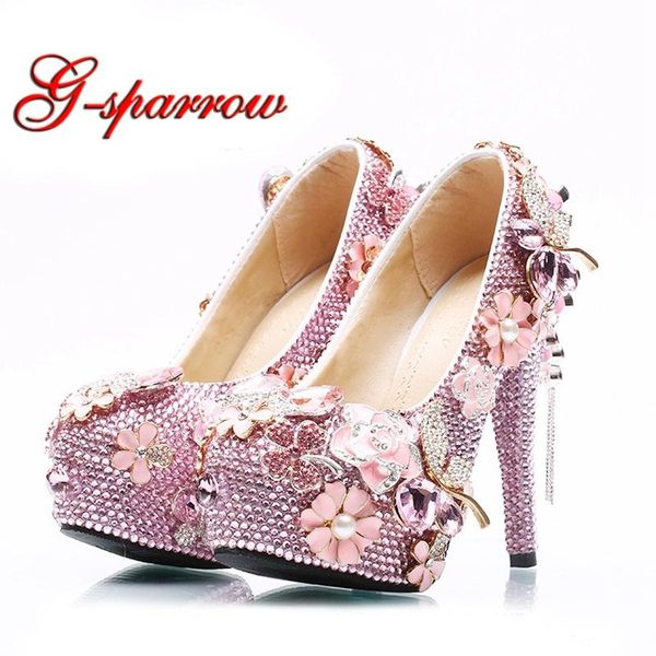 

dress shoes 2021 wholesale price pink rhinestone wedding bridal high heels platforms girl prom party pumps plus size women, Black