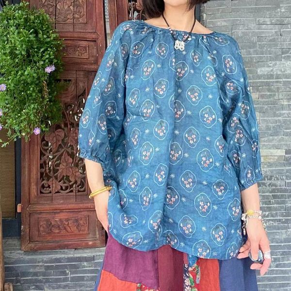 

women's blouses & shirts fairynatural ladies print flower vintage thin summer 2021 women loose retro v-neck ramie, White