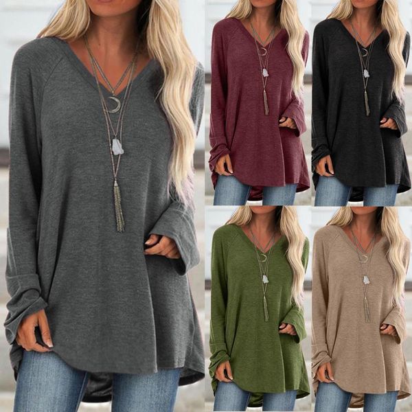 

plus size woman tshirts casual solid color long sleeve v neck tee women loose pullover femme t-shirts mujer camisetas, Gray