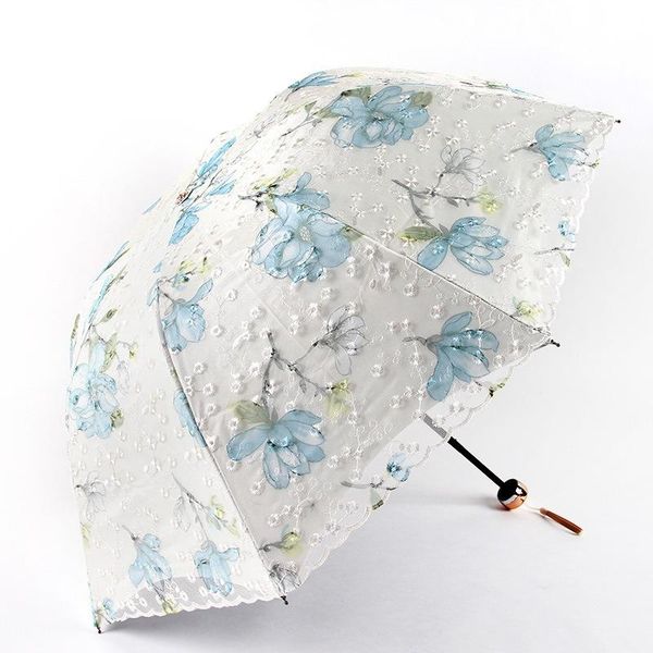 

umbrellas embroidered double lace umbrella tri-fold black glue uv protection sunny