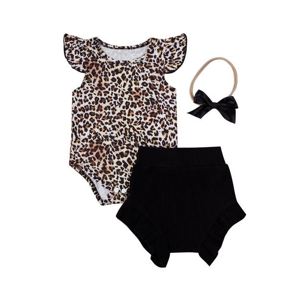 

summer lovely baby girls clothes sets leopard sleeve romper trousers headband 0-12m, White