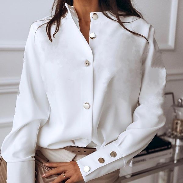 

women's blouses & shirts fashion women long sleeve retro casual long-sleeved metal button ladies office solid color blouse for females, White