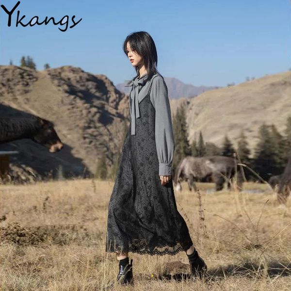 

2021 spring loose long sleeve shirt +strap lace women casual black 2pcs suit button lady a line office vestidos set qgzv, Black;gray