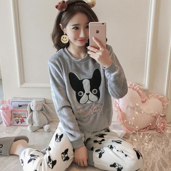 

2 piece flannel pajama set cute dog long pants nightwear home wear women print lingerie winter warm pyjama round neck, Black;red