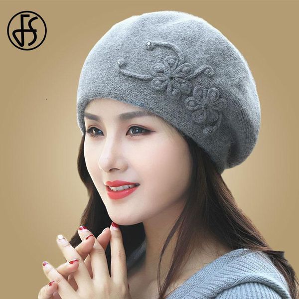 

fs winter hats for women beret knitted fur beanie hats flowers thick warm skullies ladies female wool caps girls gorros, Blue;gray