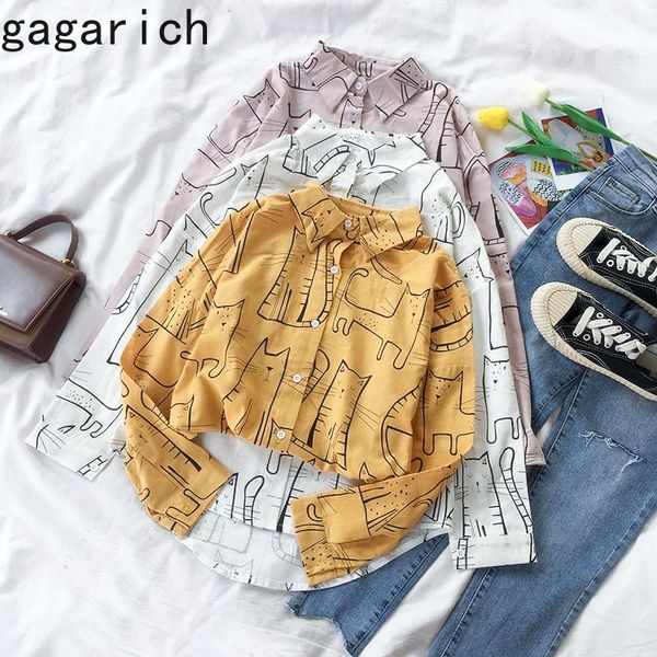 

gagarich blouse women autumn animal print retro loose all-match cat pattern midi shirt long-sleeved casual wear 210226, Black;gray