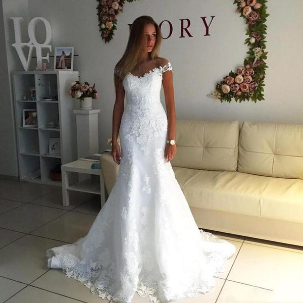 

custom made off shoulder full lace mermaid wedding dresses with appliques sweep train plus size wedding bridal gowns, White
