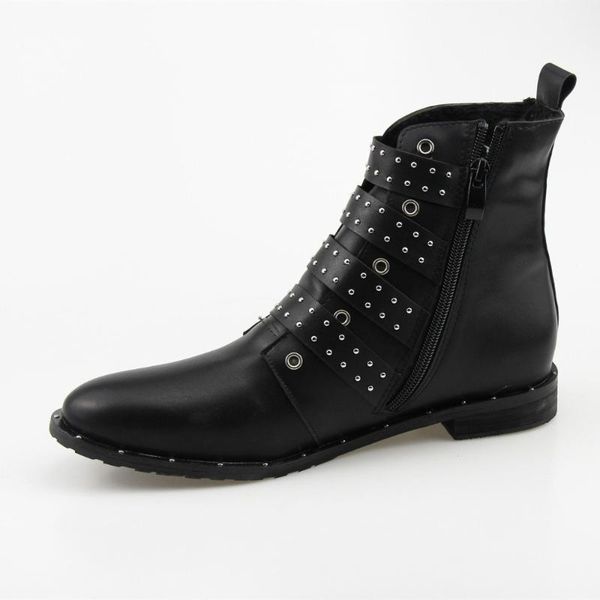 

black studded leather ankle boots buckles low heeled high women boots