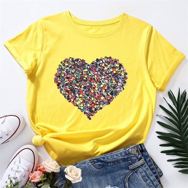 

jcgo summer cotton women t shirt 5xl plus size heart print short sleeve graphic tee casual o-neck female oversized tshirt 210306, White