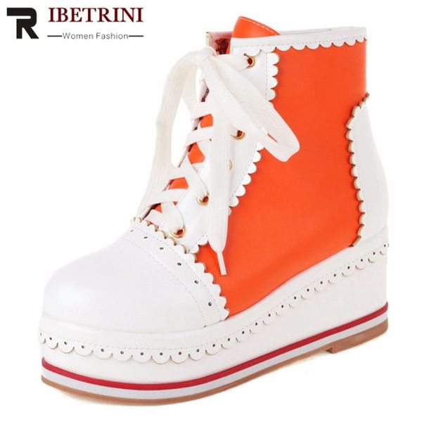 

boots women round toe lolita internal inrease ankle lace up fashion sweet cute shoes woman platform wedges brand, Black