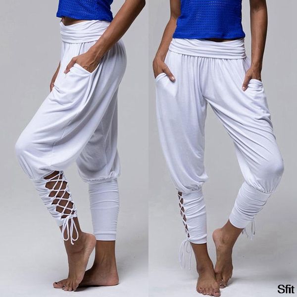 

yoga outfit 2021 fashion pilates pants women soft solid lace up gym fitness loose bandage high waist pocketed pant