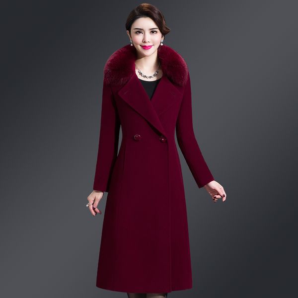 

wool 2021 autumn winter women slim turn down faux fur collar medium long coat ladies outerwear plus size 5xl rrd0, Black