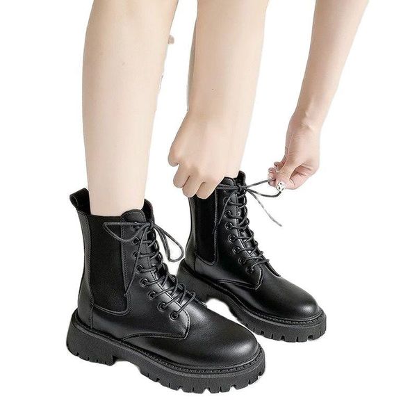 

boots 2021 est vogue trend spring and autumn platform muffin short british knight lace-up middle boot lady, Black