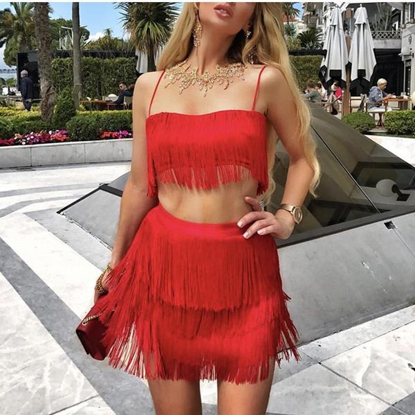 

two piece set summer fringed 2 piece set women tassel crop and skirt set outfits for women matching sets, Gray