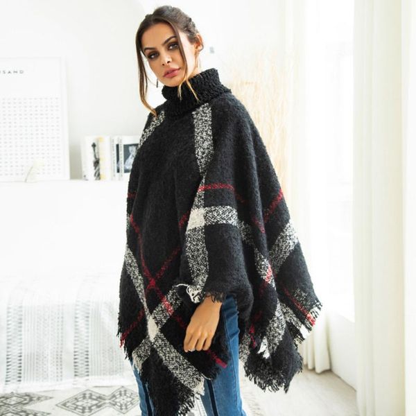 

women's sweaters nora twips 2021 fashion women sweater plus size wool plaid cardigan turtleneck cape batwing sleeve knit poncho, White;black