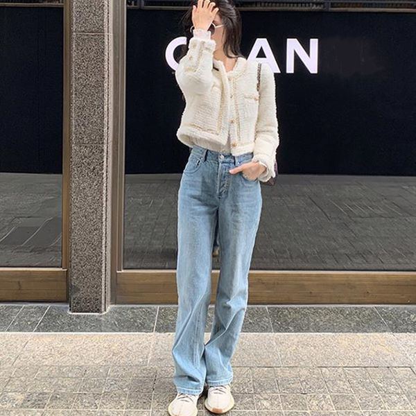 

2021 new de cintura alta para mulher elegante casual calas retas jeans 36ph, Blue