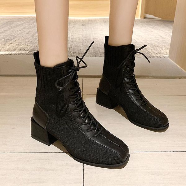 

boots 2021 square toes black women autumn comfortable & vintage shoes woman high heels female casual dress brand ankle boot