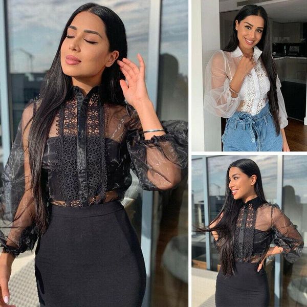 

2021 fashion women mesh sheer long puff sleeve blouse ladies loose shirts, White