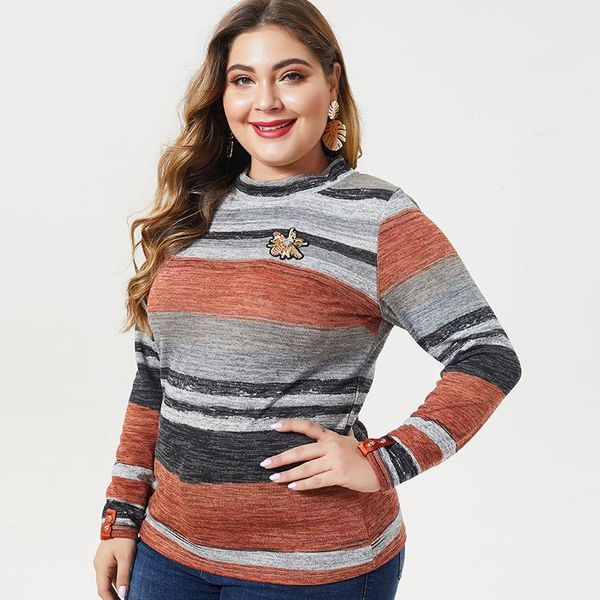 

plus size t-shirt 2021 autumn womens long sleeve stripe t shirt fashion ladies vintage elegant mom, Black