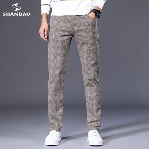 

shan bao autumn cotton stretch brand plaid pants classic style youth men's fitted straight casual trousers 6 colors 210810, Black