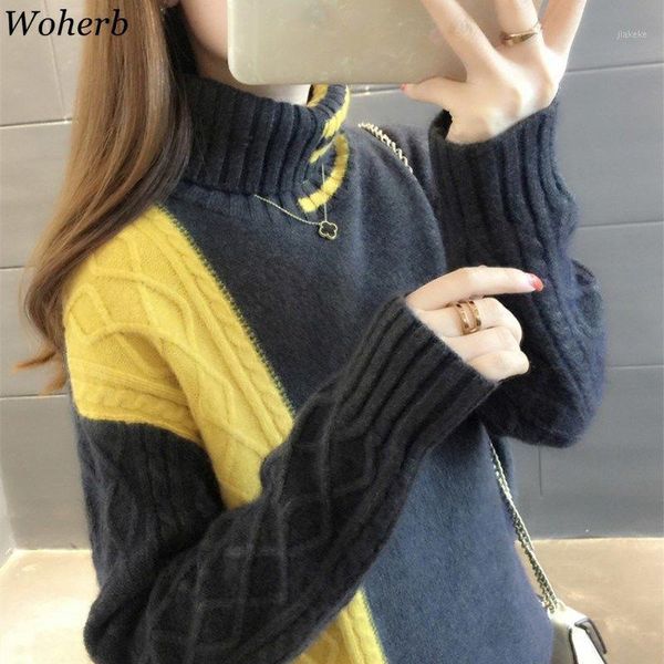 

woherb turtleneck long sleeve pullovers patchwork loose vintage sweater women jumpers korean fashion knitted new 911831, White;black
