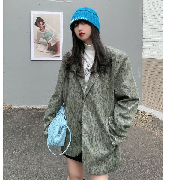 

2021 spring female vintage notched collar long-sleeved single breasted green snake pattern striped blazer coat 8y811, Black;brown
