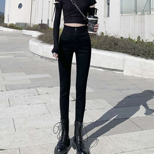 

black high waist closed belly women's spring version slim tight elastic small leg pencil pants, Blue