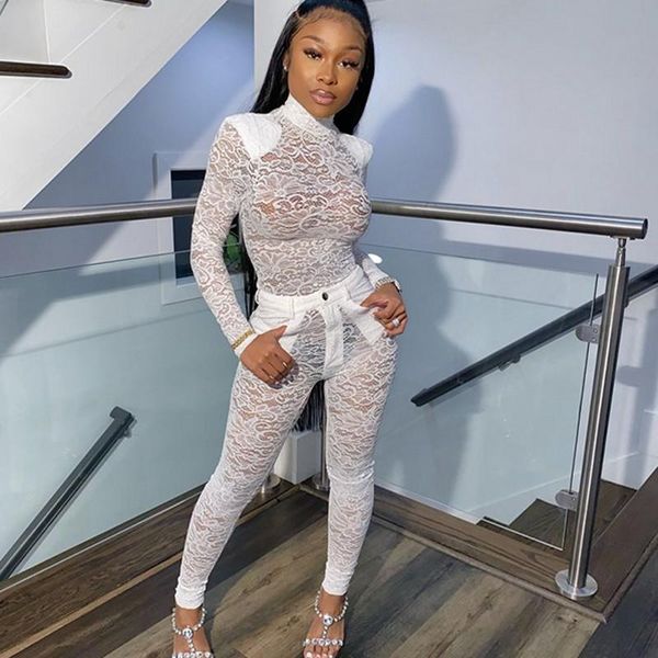 

two piece dress 2 set women see through lace club pieces outftis lady nightclub high long sleeves and pants sets, White
