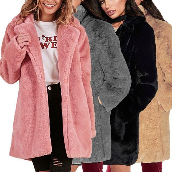 

women's fur & faux coat mid-length loose fluffy soft, Black