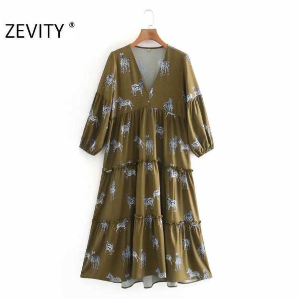 

zevity women fashion v neck animal print pleat ruffles casual midi dress female three quarter sleeve chic vestido ds4623 210603, Black;gray
