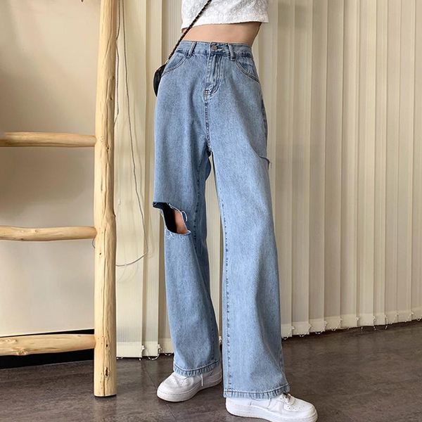 

women's jeans high waist straight tube loose 2021 summer thin short wide leg pants fashion blue