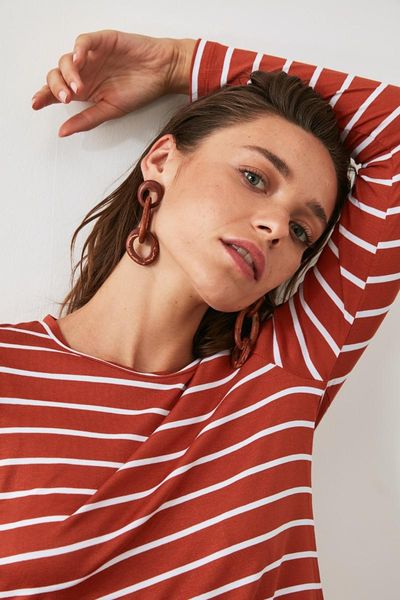 

women's t-shirt trendyol black striped knitted twoaw20ts0097, White