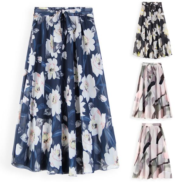 

skirts 2021 summer floral big swing chiffon drape a-line skirt jr2221, Black