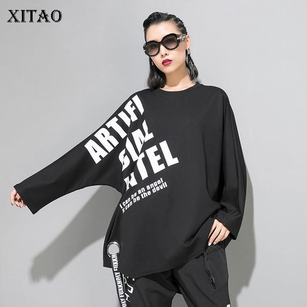 

xitao drilling ribbon print t shirt women clothes fashion pullover tide letter irregular t shirt personality new wqr1661 210302, White