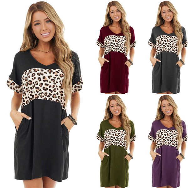 

women's short sleeve round neck leopard print stitching casual commuting t-shirt skirt in spring and summer, Black;gray