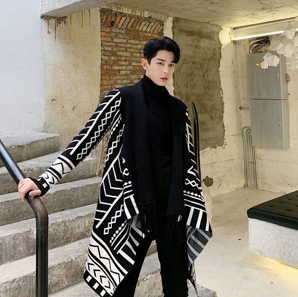 

men's sweaters men long sleeve geometric pattern tassel no button knitted cardigan sweater coat male japan streetwear jacket outerwear, White;black