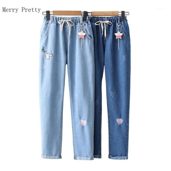 

blue washed casual jeans women 2021 summer cartoon embroidery cute straight denim pant sweet style ladies basic trousers women's