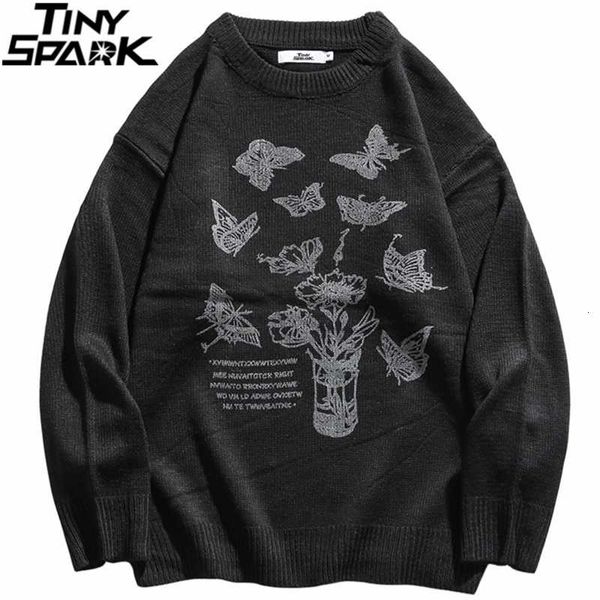 

knitted sweater hip hop streetwear harajuku pullover mens butterfly print sweater autumn winter cotton casual sweater black 201221, White;black