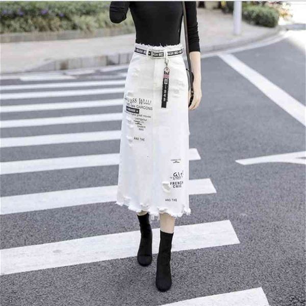 

skirts women letter printing ripped denim fashion high waist large size a-line hole jeans skirt s/5xl white saias j3188 lro3, Black