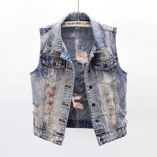 

denim vest women sleeveless jacket coat korean beading embroidery flowers print waistcoat casual slim short jeans vests female fgai, Black;white