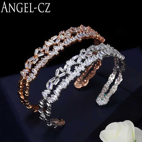 Angelcz многослойный открытый манжета браслет дизайн роскоши AAA Cubic Zirconia мода роза золотой цвет багета браслет для женщин AB076 Q0717