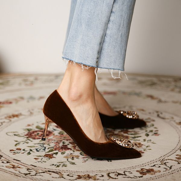 

sandals 3068-65 cashmere thickened water drop drill button high heels women's pointed shallow mouth single shoes 7cm net red bi8i, Black