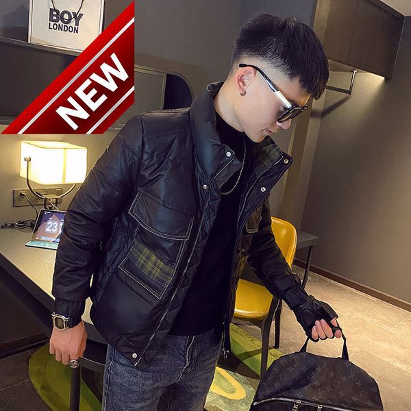 

2021 men winter fashion pu leather down jackets men's stitching thicken warm coats male short white duck overcoats w810, Black