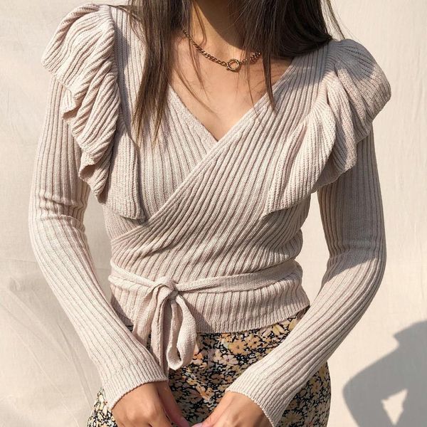 

autumn winter sweaters women deep v neck ruffles knitted sweaters for women front bandage pullovers knitwear pull femme, Gray