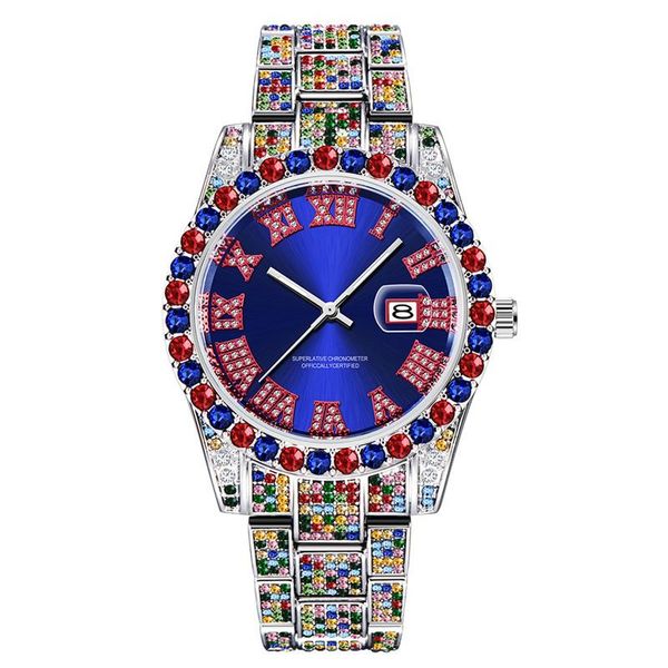 

wristwatches luxury men's watches hiphop iced out watch clocks rhinestone quartz wristwatch hip hop full diamond date for men relogio, Slivery;brown